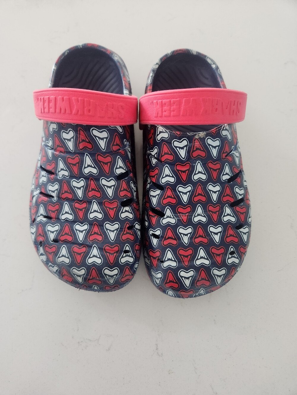 Kids Shark Teeth Printed Clog with shark week on red strap.